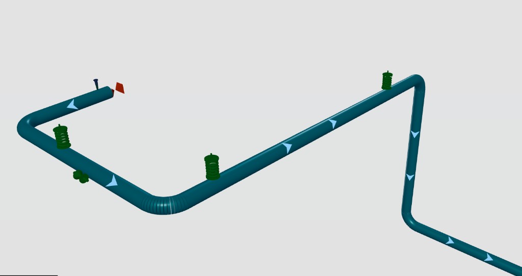IDF 3D viewer showing a piping isometric with flanges, supports, a valve and flow arrows
