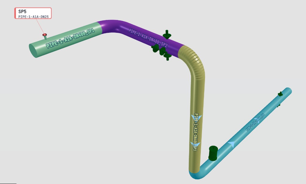 IDF 3D viewer with colour-coded spools labelled SP1 through SP5 on a piping isometric